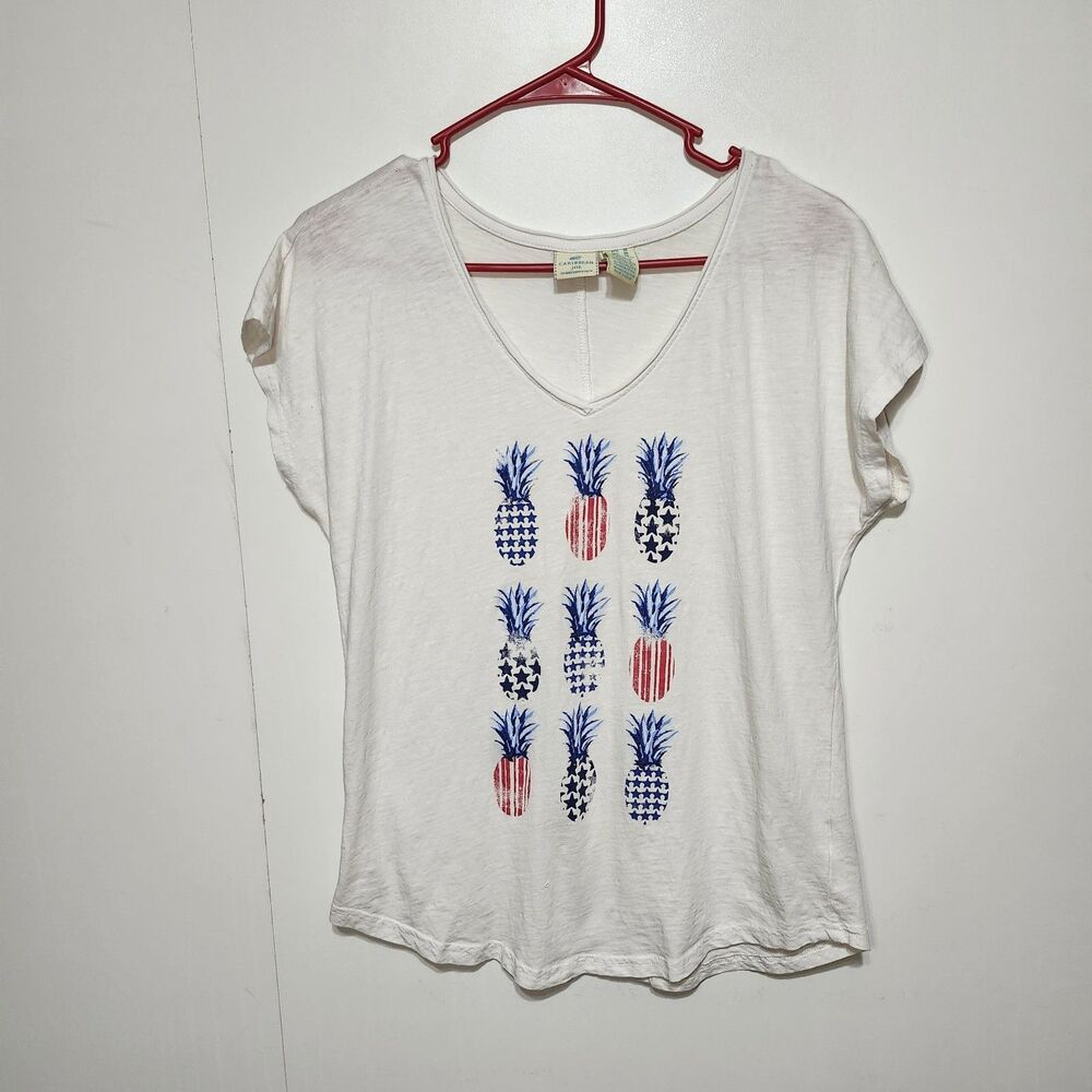 Caribbean Joe Pineapple Americana Graphic T Shirt Red White Blue Womens M